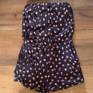 Spiritual Gangster Black Strapless Floral Romper Shorts with Pink Flowers